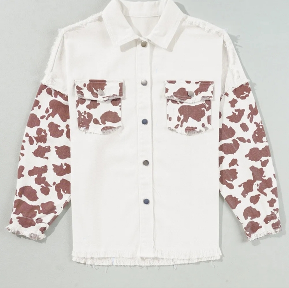 Cow Patchwork Oversized Denim Button-Up Collar Jean Jacket Frayed Exposed Seam - Picture 13 of 16